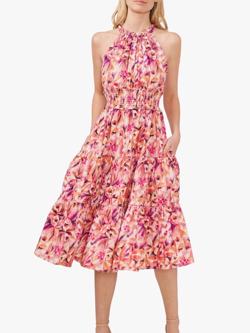 Cece Sleeveless Pink Floral Halter Midi Dress Size Large